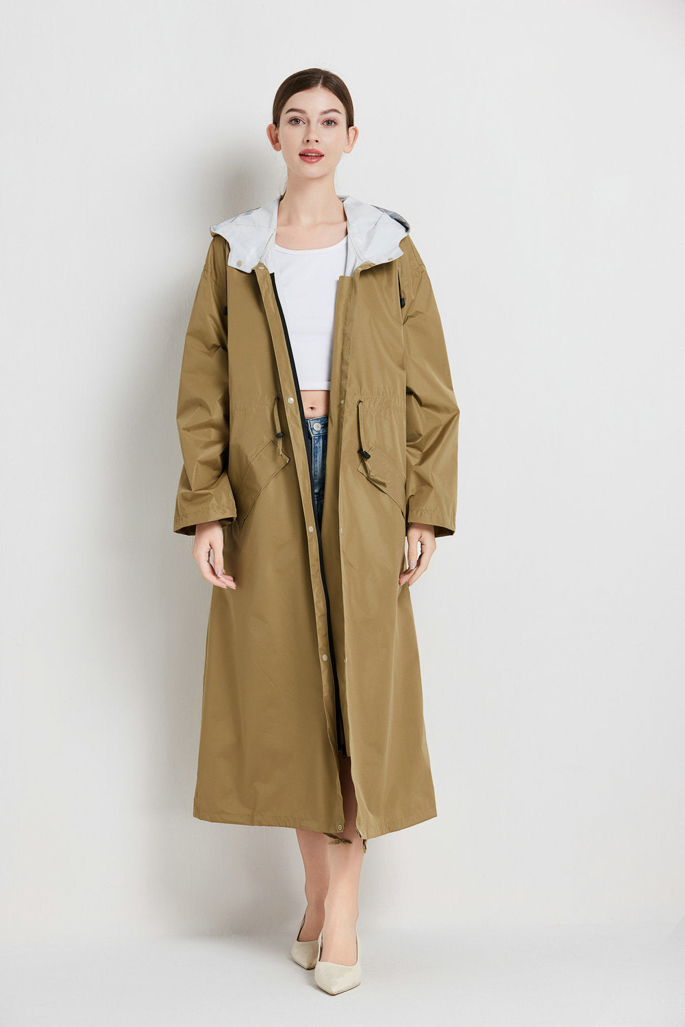 Size L Brown Women's Chic Lightweight Waterproof Raincoat - Long Hooded Packable Rain Jacket with Pouch