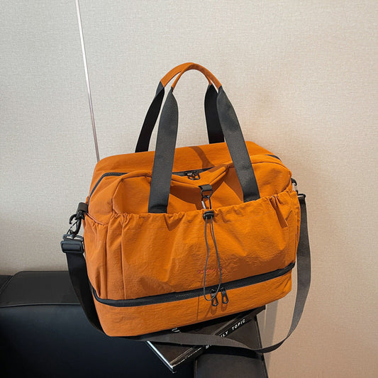 Orange and Black Large Capacity Travel Bag with Wet/Dry Separation - Canvas + Polyester, Lightweight Handbag for Short Trips and Fitness, Fits on Luggage