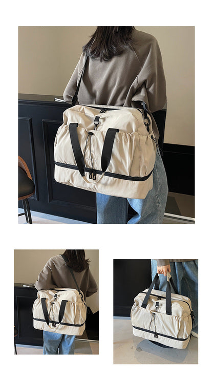 khaki and Black Large Capacity Travel Bag with Wet/Dry Separation - Canvas + Polyester, Lightweight Handbag for Short Trips and Fitness, Fits on Luggage