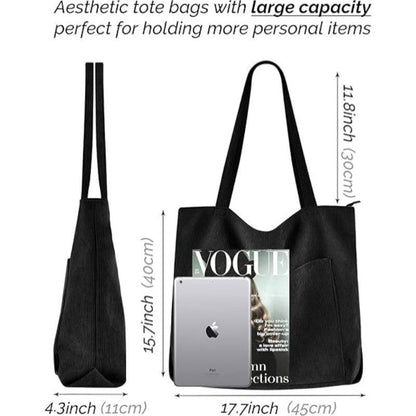 White Stylish Corduroy Canvas Tote Bag - Fashionable and Retro Shoulder Bag
