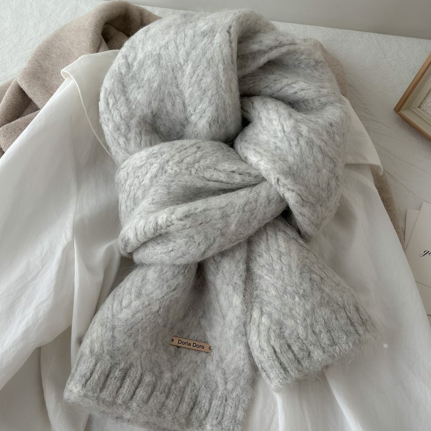 Light Grey Alpaca Wool Blend Solid Color Knitted Scarf for Women Winter New Style Student High Quality Couple Woolen Neck Warmer