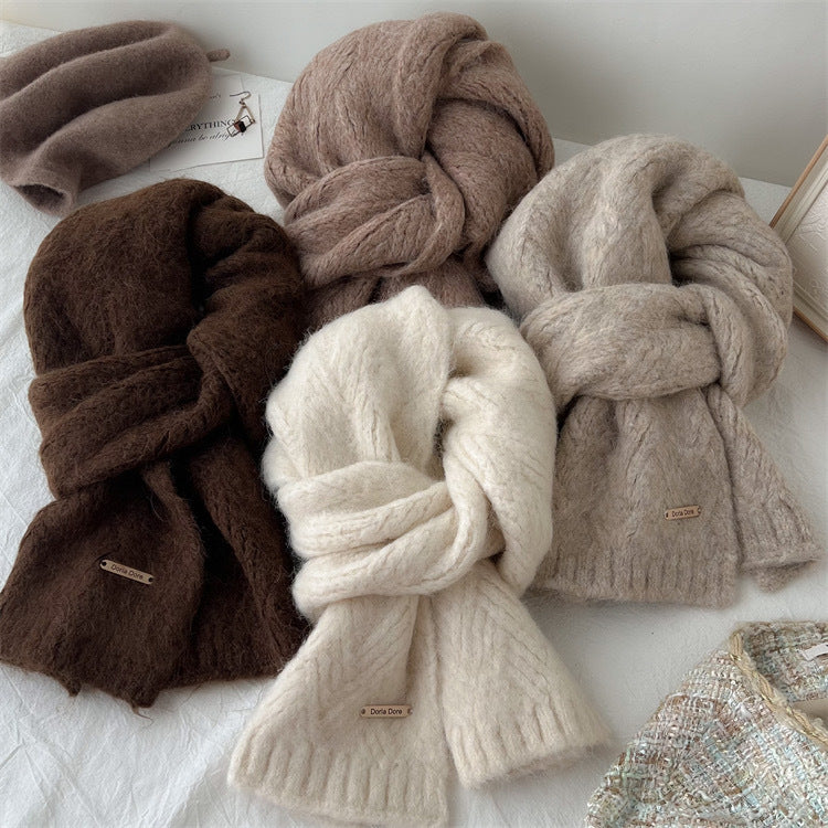 Brown Alpaca Wool Blend Solid Color Knitted Scarf for Women Winter New Style Student High Quality Couple Woolen Neck Warmer