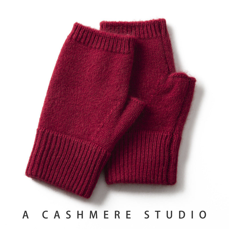 Red Color Block Cashmere Fingerless Gloves for Women Autumn Winter Outdoor Cold Protection Warm Knitted Gloves