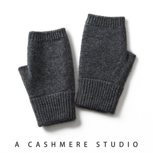 Dark Grey Color Block Cashmere Fingerless Gloves for Women Autumn Winter Outdoor Cold Protection Warm Knitted Gloves