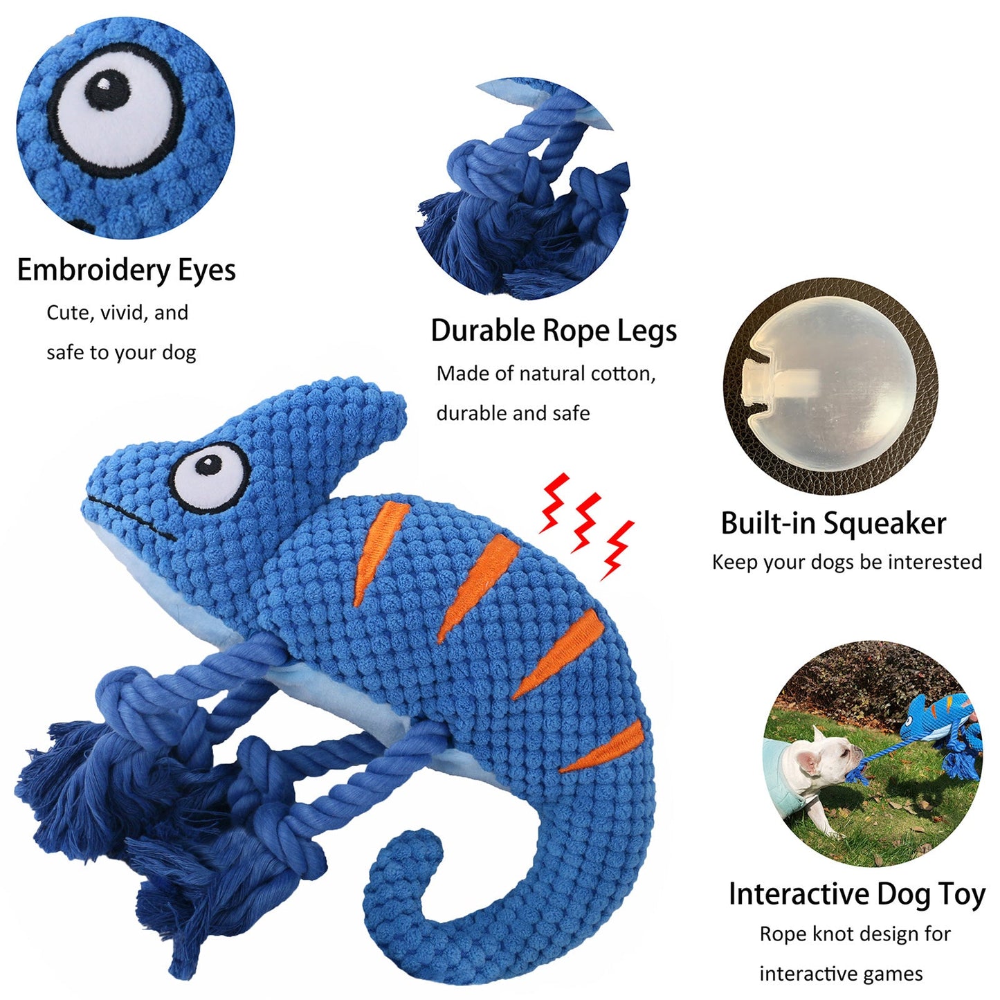 2 Pcs Yellow Interactive Plush Chameleon Dog Toy with Squeaker & Rope Legs - Durable Chew Toy for Medium/Large Dogs, Teeth Cleaning Texture, Machine Washable (10.2in)