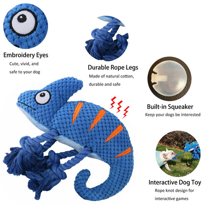 2 Pcs Yellow Interactive Plush Chameleon Dog Toy with Squeaker & Rope Legs - Durable Chew Toy for Medium/Large Dogs, Teeth Cleaning Texture, Machine Washable (10.2in)