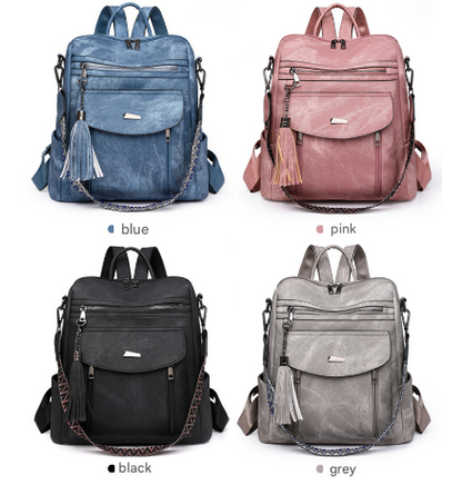 Black Chic Women's PU Leather Convertible Backpack - Anti-Theft Design, Multi-Pocket Shoulder Bag with Tassel