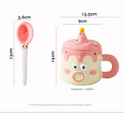 Pink Adorable Cartoon Character Ceramic Mug Set - 420ml with Fun Cake Design Lid & Matching Spoon - Perfect Gift