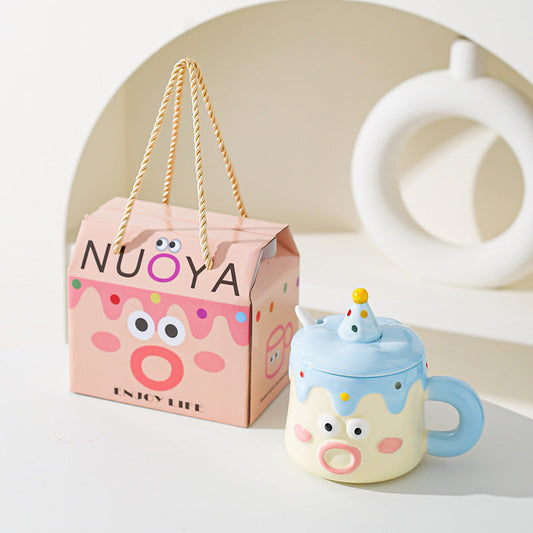 Blue Adorable Cartoon Character Ceramic Mug Set - 420ml with Fun Cake Design Lid & Matching Spoon - Perfect Gift