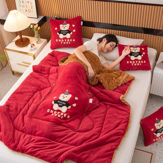 Wine Red Padded Thickened Hat Bear 2-in-1 Foldable Car Pillow Blanket - Cozy 40x40cm Pillow, Unfolds to 100x150cm Blanket for Travel and Office Naps