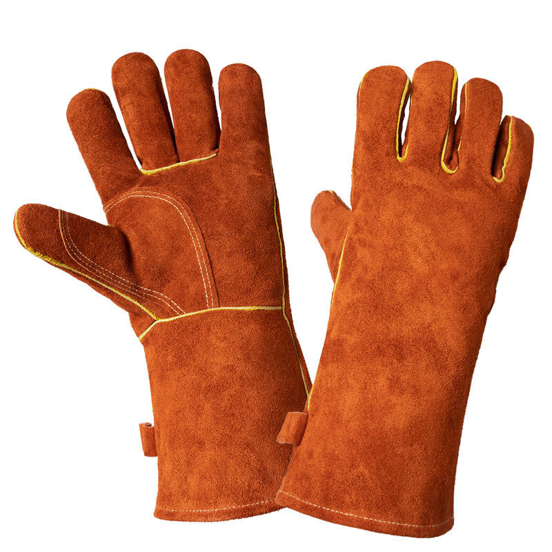Coffee 14-Inch Premium Leather BBQ Gloves - Heat-Resistant Up to 500Â°C