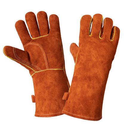 Coffee 14-Inch Premium Leather BBQ Gloves - Heat-Resistant Up to 500Â°C