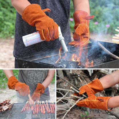 Black-grey 14-Inch Premium Leather BBQ Gloves - Heat-Resistant Up to 500 Degree