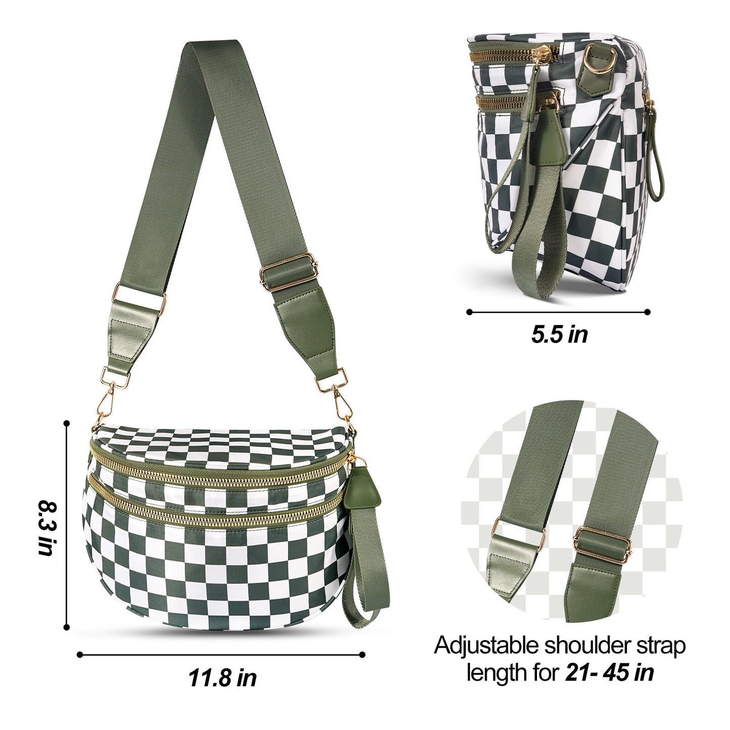 Black and White Checkered Trendy Sling Bag - Women's Crescent Crossbody Purse with Wide Adjustable Strap