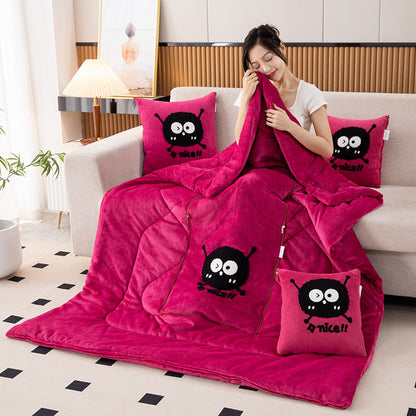 Rose Red Padded and Thickened Elf 2-in-1 Foldable Car Pillow Blanket - Cozy 40x40cm Pillow, Unfolds to 100x150cm Blanket for Travel and Office Naps