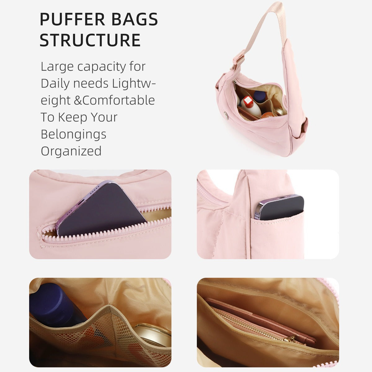 Black Trendy Nylon Puffer Shoulder Bag for Women - Lightweight Large Capacity Underarm Tote