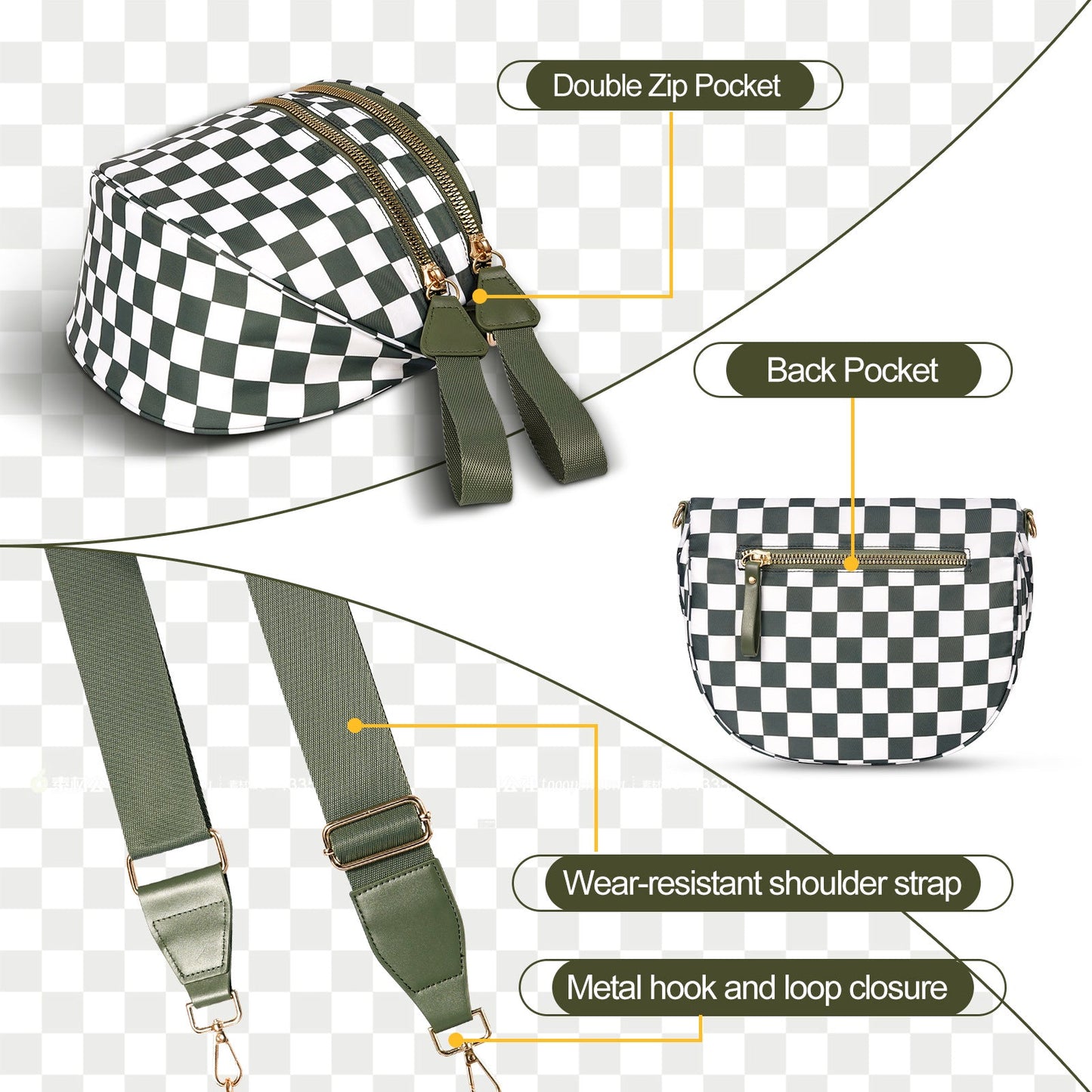 Light Grey Checkered Trendy Sling Bag - Women's Crescent Crossbody Purse with Wide Adjustable Strap