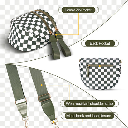 Coffee White Checkered Trendy Sling Bag - Women's Crescent Crossbody Purse with Wide Adjustable Strap