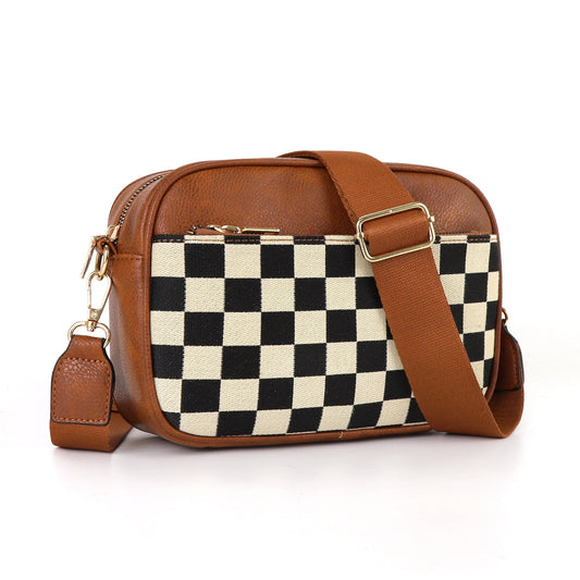 Tessellated Brown Chic Quilted Crossbody Bag - Vintage PU Leather Shoulder Purse with Adjustable Strap