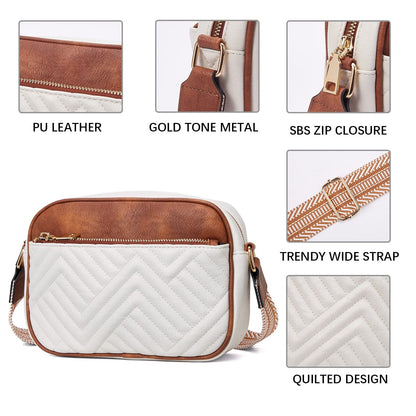 Tessellated Brown Chic Quilted Crossbody Bag - Vintage PU Leather Shoulder Purse with Adjustable Strap