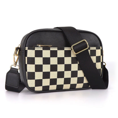 Tessellated Black Chic Quilted Crossbody Bag - Vintage PU Leather Shoulder Purse with Adjustable Strap
