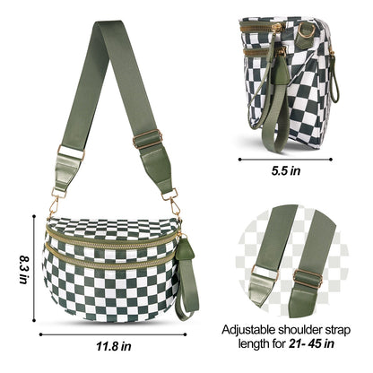 Black-white Cow Checkered Trendy Sling Bag - Women's Crescent Crossbody Purse with Wide Adjustable Strap