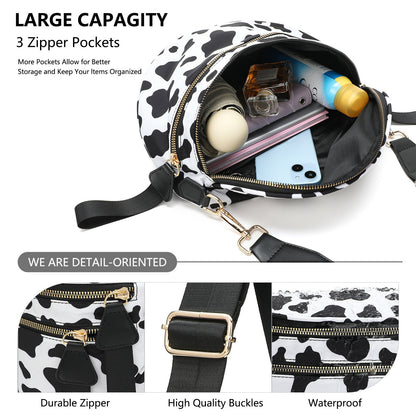 Black-white Cow Checkered Trendy Sling Bag - Women's Crescent Crossbody Purse with Wide Adjustable Strap