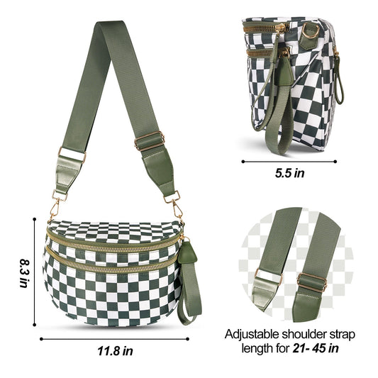 Black-brown Checkered Trendy Sling Bag - Women's Crescent Crossbody Purse with Wide Adjustable Strap