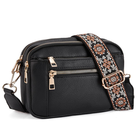 Double Zipper Black Chic Quilted Crossbody Bag - Vintage PU Leather Shoulder Purse with Adjustable Strap