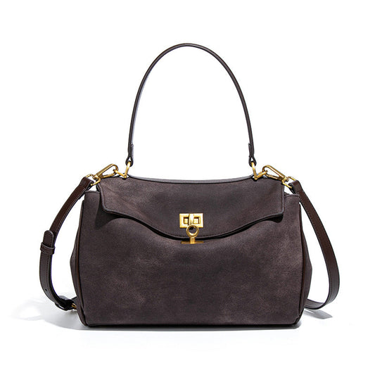 Coffee Women's Vintage Suede Satchel Bag - Elegant Top Handle Purse with Gold Lock