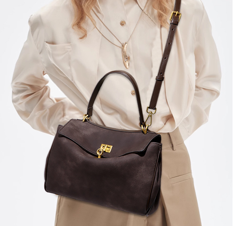Grey Women's Vintage Suede Satchel Bag - Elegant Top Handle Purse with Gold Lock