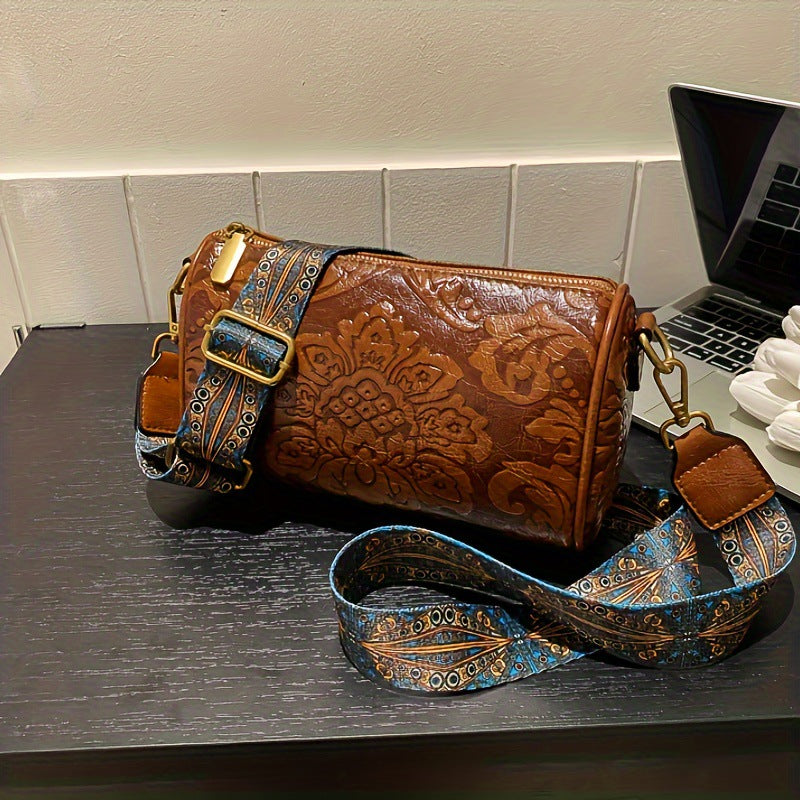 Green Vintage Embossed Crossbody Barrel Bag with Wide Adjustable Guitar Strap