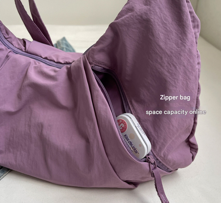 Purple Lightweight Crescent Crossbody Bag - Slouchy Nylon Hobo Purse for Casual Everyday Use