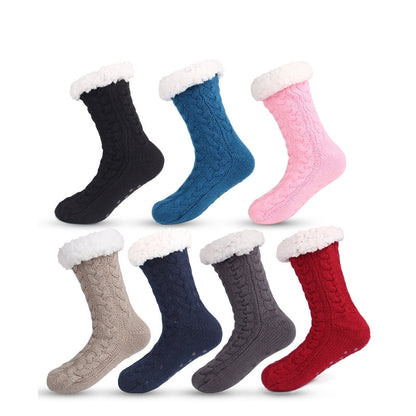 Red  Women's Fuzzy Slipper Socks - Warm Fleece Lined Thermal Cable Knit Socks with Non-Slip Grips