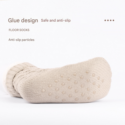 Grey Women's Cozy Cable Knit Slipper Socks - Plush Fleece Lined Thermal Socks with Non-Slip Grips