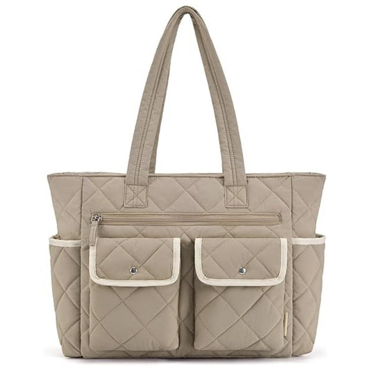 Grayish-brown Women's Multi-Pocket Tote Bag - Large Quilted Travel Handbag for Work, Gym, and More