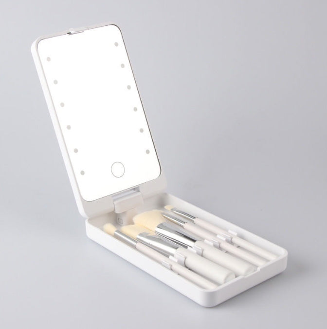 2-Piece White Portable LED Makeup Mirror with Brush - Foldable, Rotatable, and Rechargeable Travel Vanity Mirror