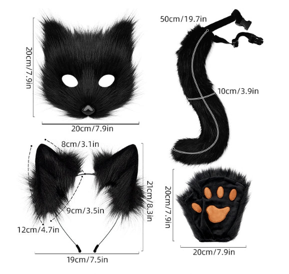 Grass yellow Halloween Furry Fox Costume Set - Plush Mask, Ears Headband, Tail, and Paws for Cosplay