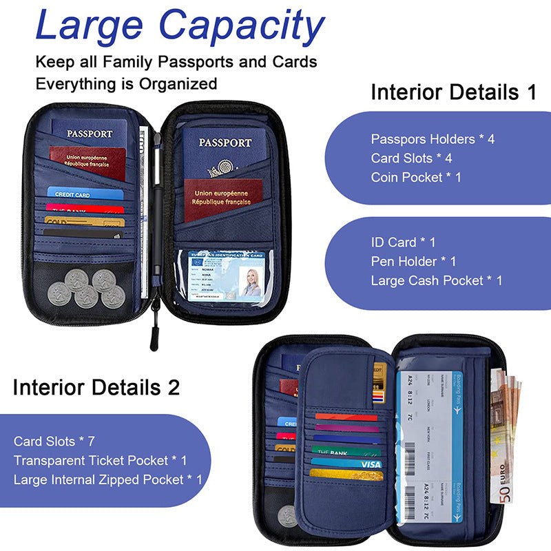 Grey RFID Blocking Travel Wallet - Multi-functional Large Capacity Passport Holder & Card Organizer with Adjustable Strap for Men & Women