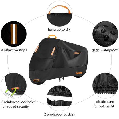 Heavy Duty 214D Waterproof Motorcycle Cover - All Season Outdoor Protection with Lock Holes & Windproof Buckles(Size: 4XL)