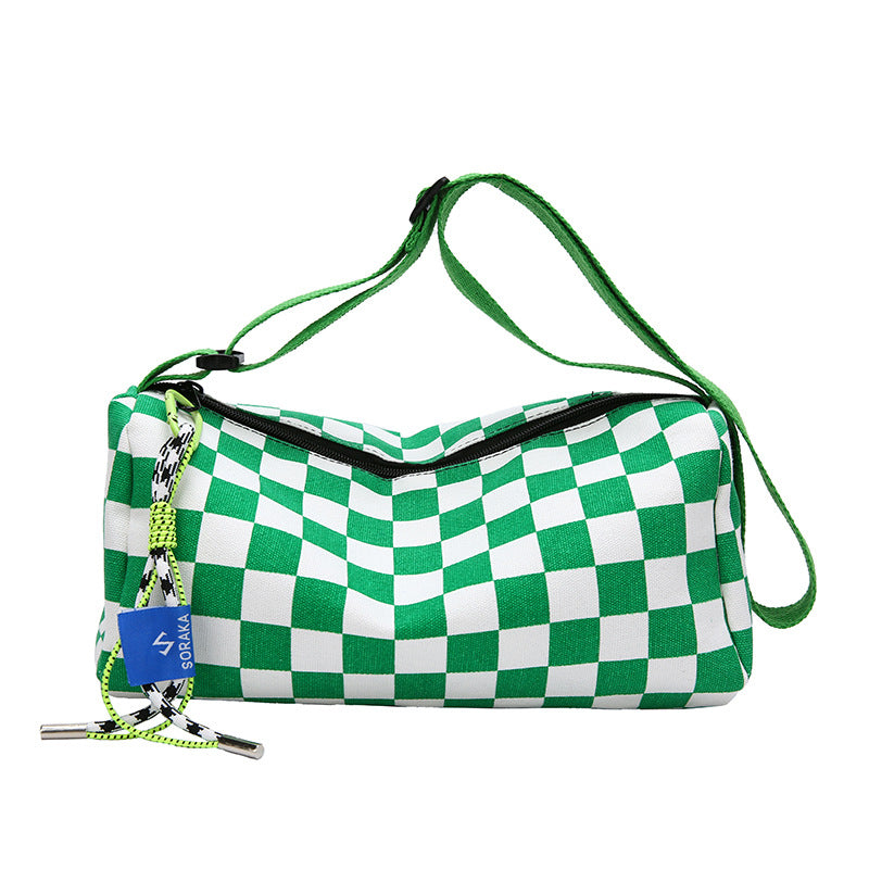 Green Trendy Checkerboard Boston Bag - Casual Crossbody Shoulder Purse with Wide Strap