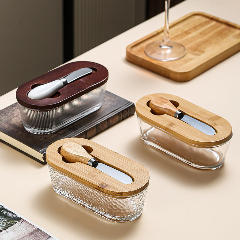 Natural wood color - flat Elegant Glass Butter Dish with Wooden Lid & Matching Spreader - Sealed Butter Keeper for Freshness