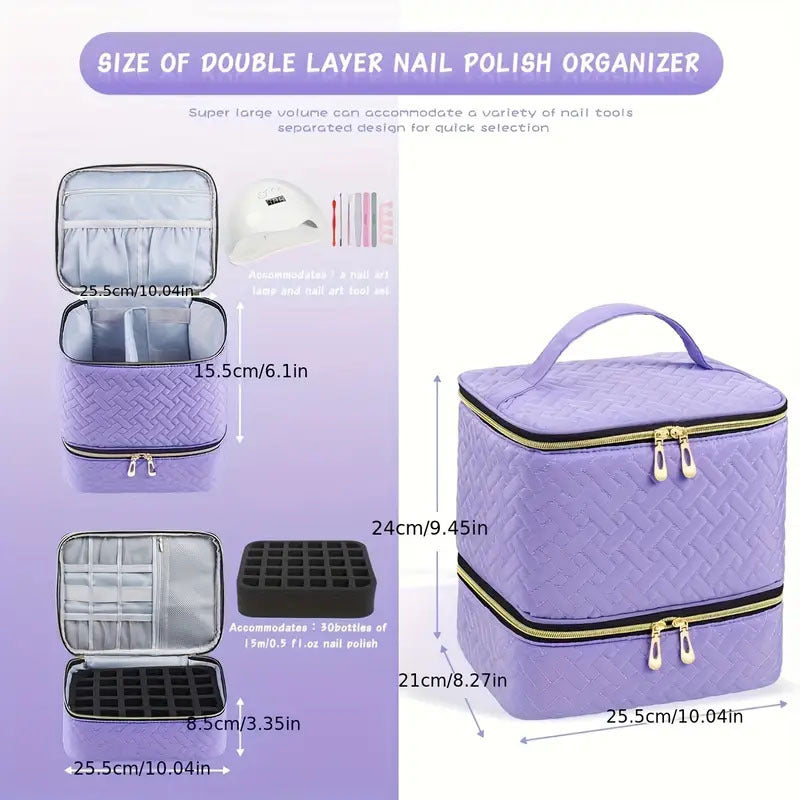 Purple Professional Nail Polish Organizer Case for 30 Bottles & UV Lamp - Double-Layer Travel Storage Bag