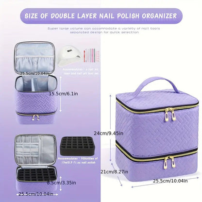 Purple Professional Nail Polish Organizer Case for 30 Bottles & UV Lamp - Double-Layer Travel Storage Bag
