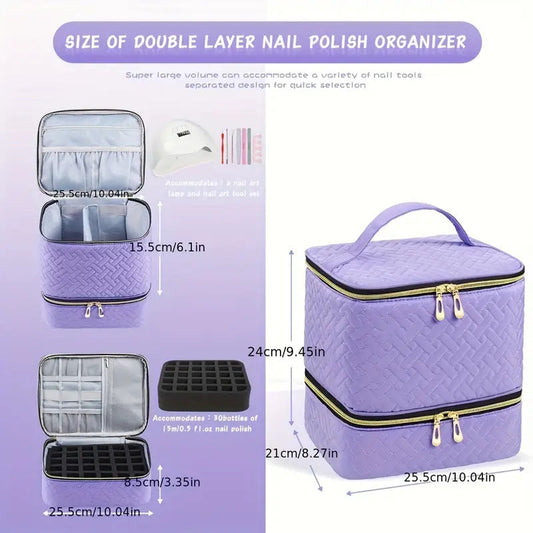 Purple Professional Nail Polish Organizer Case for 30 Bottles & UV Lamp - Double-Layer Travel Storage Bag