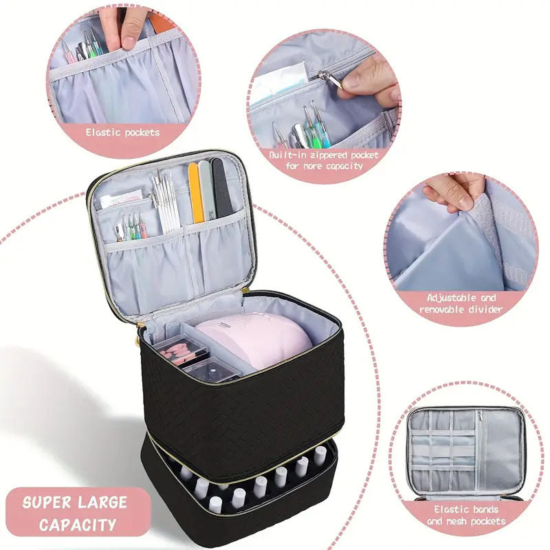 Pink Professional Nail Polish Organizer Case for 30 Bottles & UV Lamp - Double-Layer Travel Storage Bag