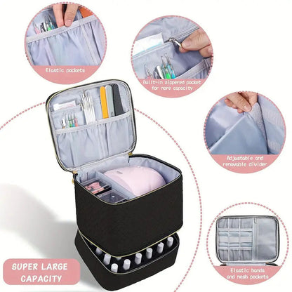 Pink Professional Nail Polish Organizer Case for 30 Bottles & UV Lamp - Double-Layer Travel Storage Bag