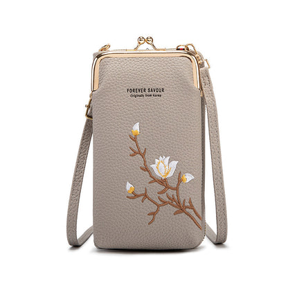 Grey Chic Embroidered Crossbody Phone Wallet - All-in-One Purse with Kiss-Lock Clasp