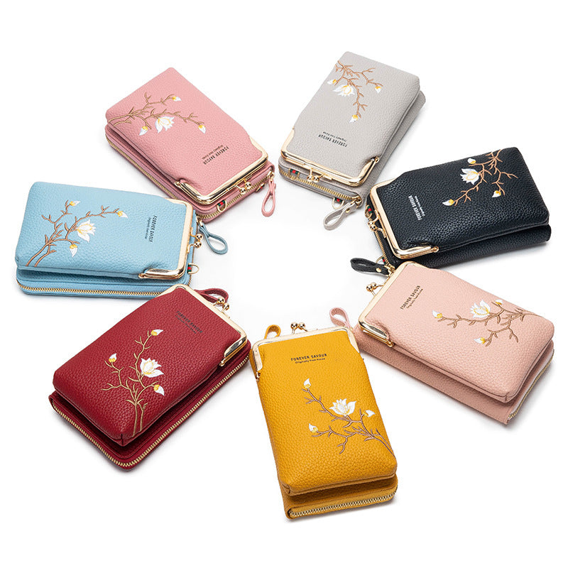 Blue Chic Embroidered Crossbody Phone Wallet - All-in-One Purse with Kiss-Lock Clasp
