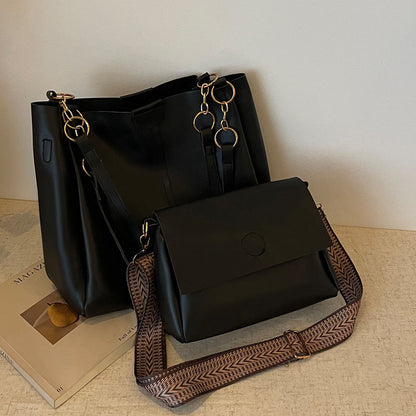 Black Chic 2-Piece Tote Bag Set - Large Capacity Commuter Handbag with Wide Strap Crossbody Purse